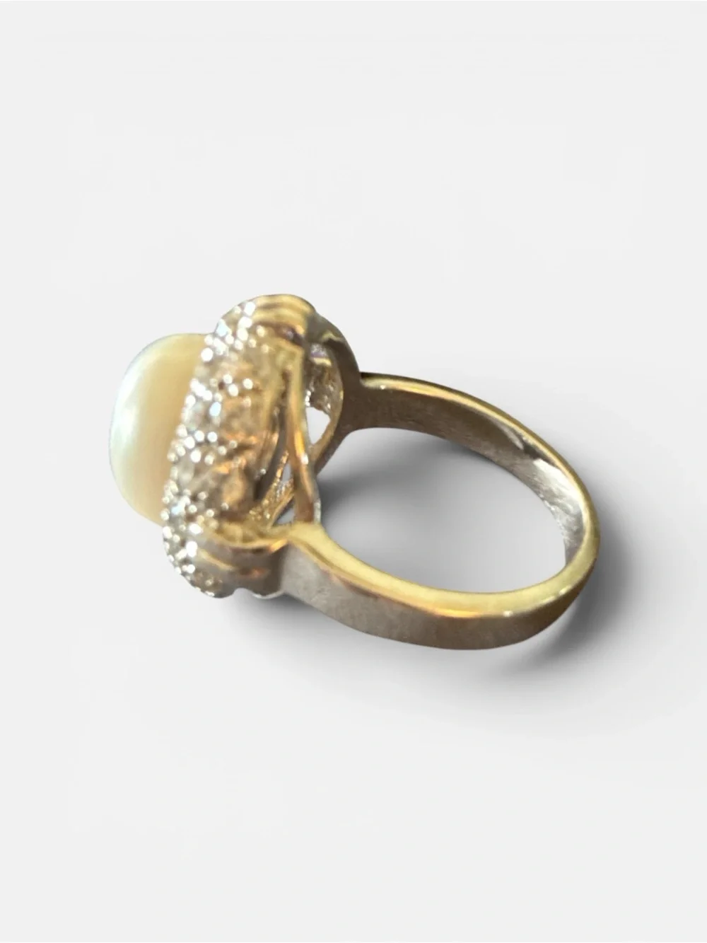 Vintage Faux Pearl & Rhinestone Cocktail Ring Silver Tone Size 9